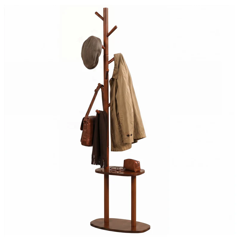 Coat Rack with 8 Rubber Wood Hooks and 2 Storage Shelves, Walnut