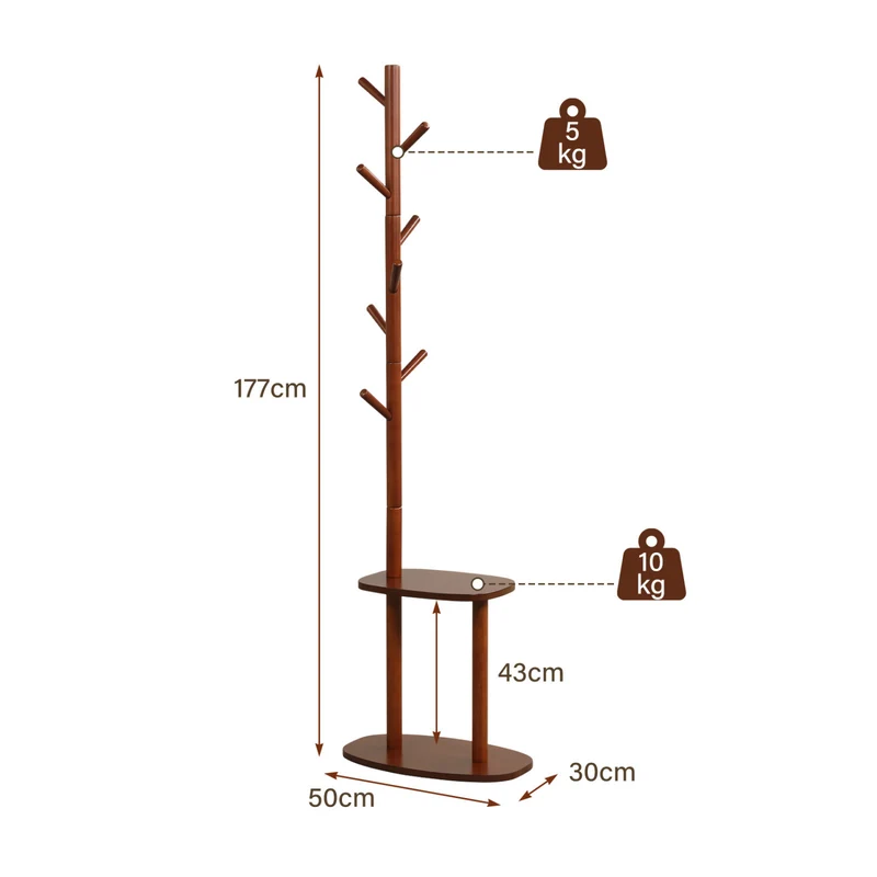 Coat Rack with 8 Rubber Wood Hooks and 2 Storage Shelves, Walnut