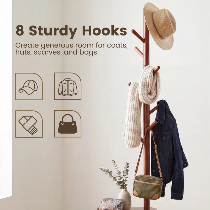 Coat Rack with 8 Rubber Wood Hooks and 2 Storage Shelves, Walnut