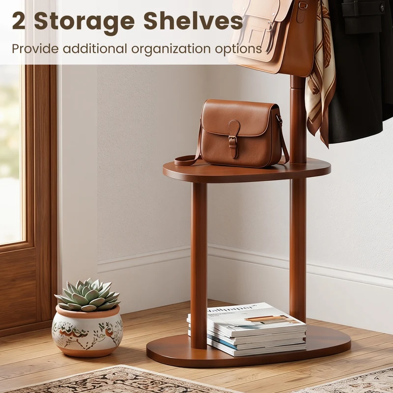 Coat Rack with 8 Rubber Wood Hooks and 2 Storage Shelves, Walnut