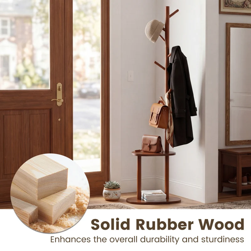Coat Rack with 8 Rubber Wood Hooks and 2 Storage Shelves, Walnut