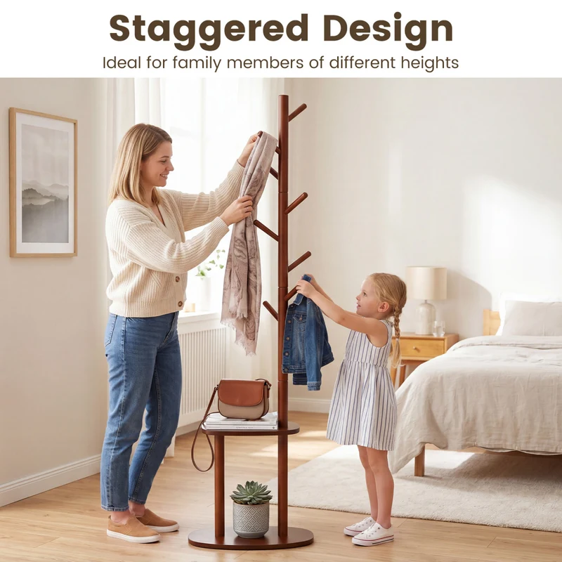 Coat Rack with 8 Rubber Wood Hooks and 2 Storage Shelves, Walnut