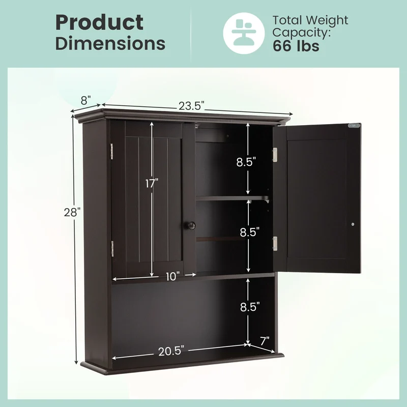 2-Door Wall Mount Bathroom Storage Cabinet, Espresso
