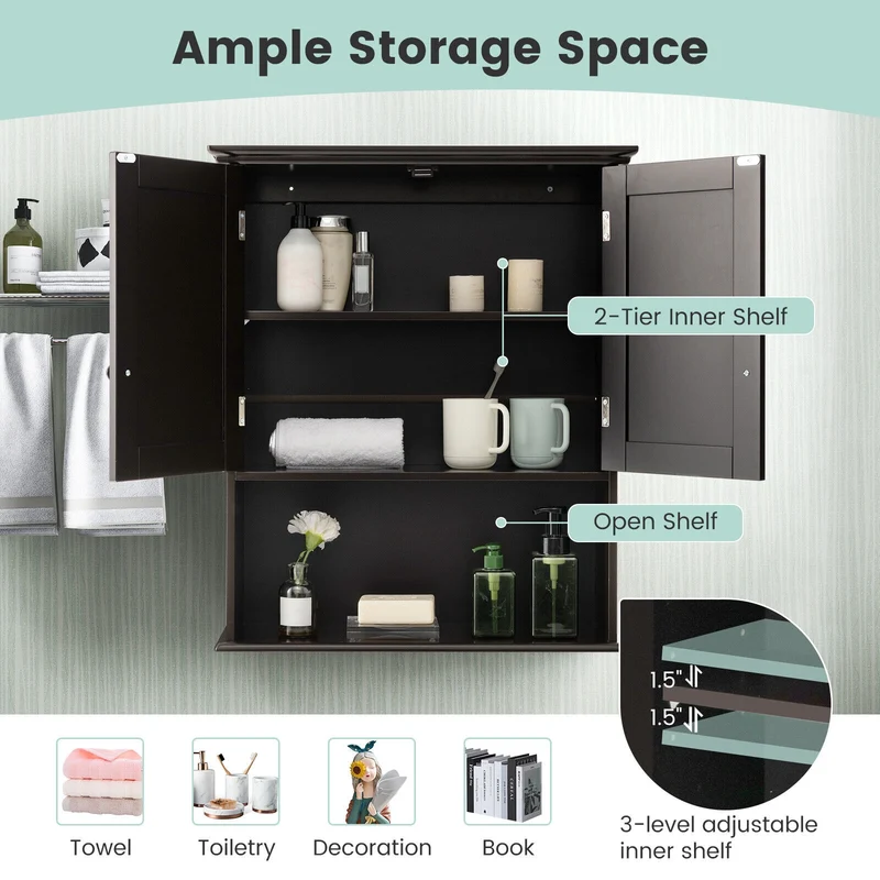 2-Door Wall Mount Bathroom Storage Cabinet, Espresso