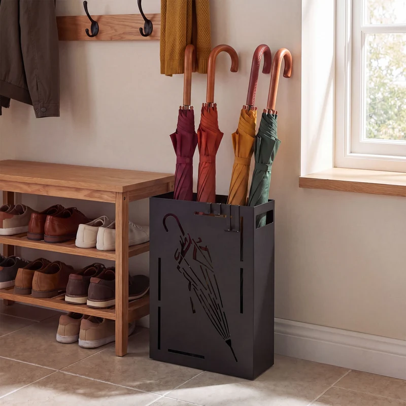 Rectangular Umbrella Holder Rack with Removable Drip Tray, Black