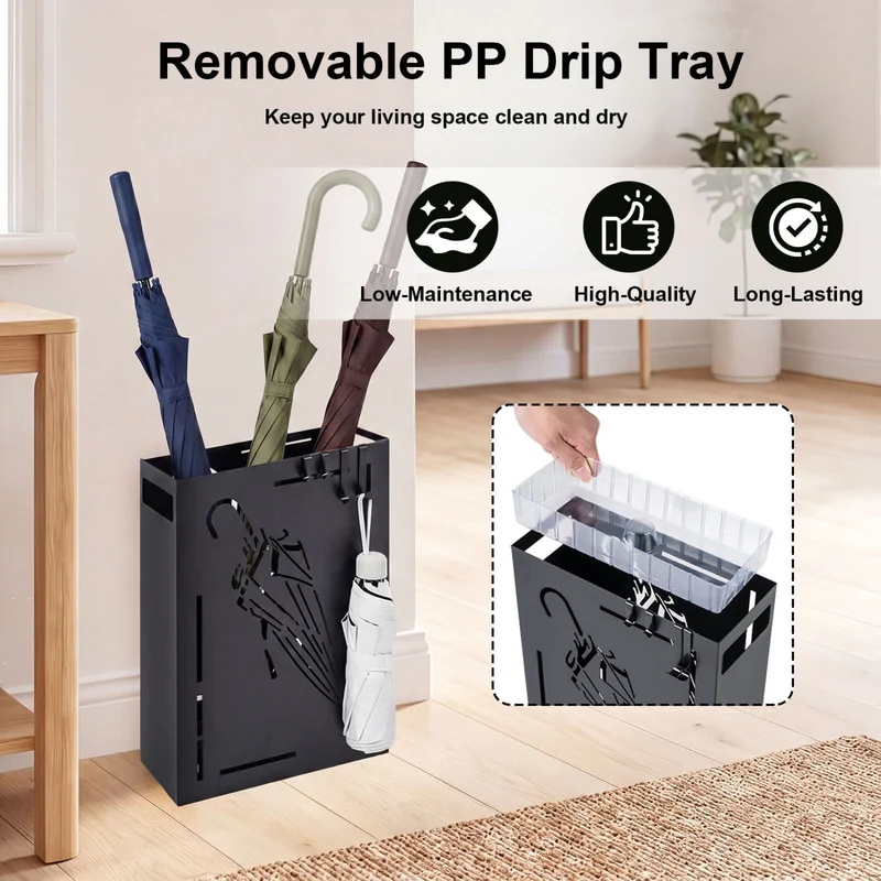 Rectangular Umbrella Holder Rack with Removable Drip Tray, Black