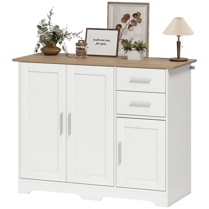 40" Sideboard Buffet Cabinet, Modern Kitchen Storage Cabinet with 2 Drawers, 3 Doors &; Adjustable Shelf, White