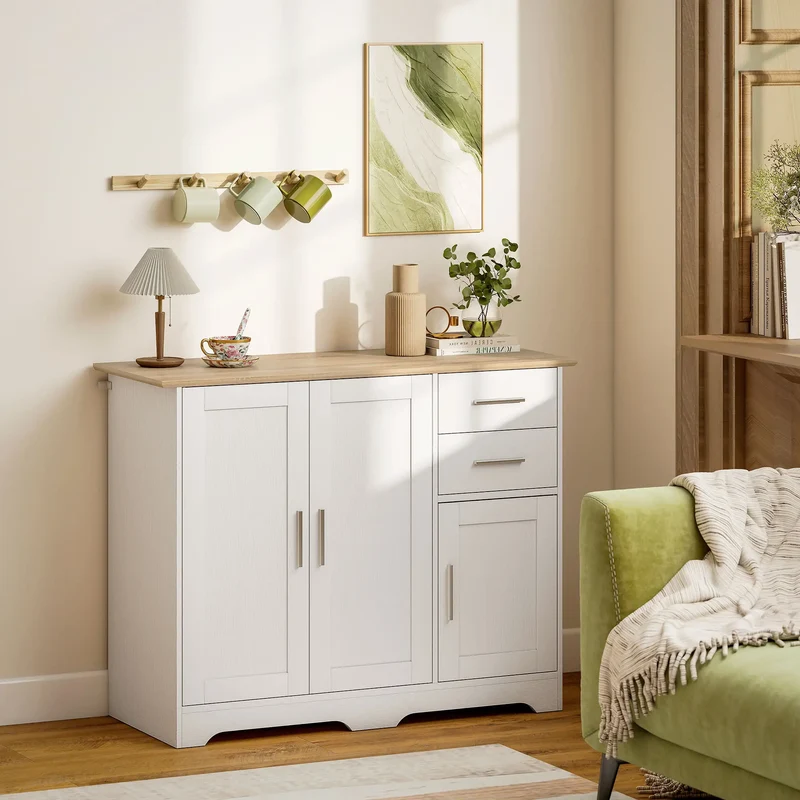 40" Sideboard Buffet Cabinet, Modern Kitchen Storage Cabinet with 2 Drawers, 3 Doors &; Adjustable Shelf, White