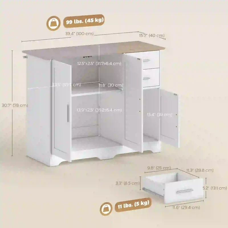 40" Sideboard Buffet Cabinet, Modern Kitchen Storage Cabinet with 2 Drawers, 3 Doors &; Adjustable Shelf, White