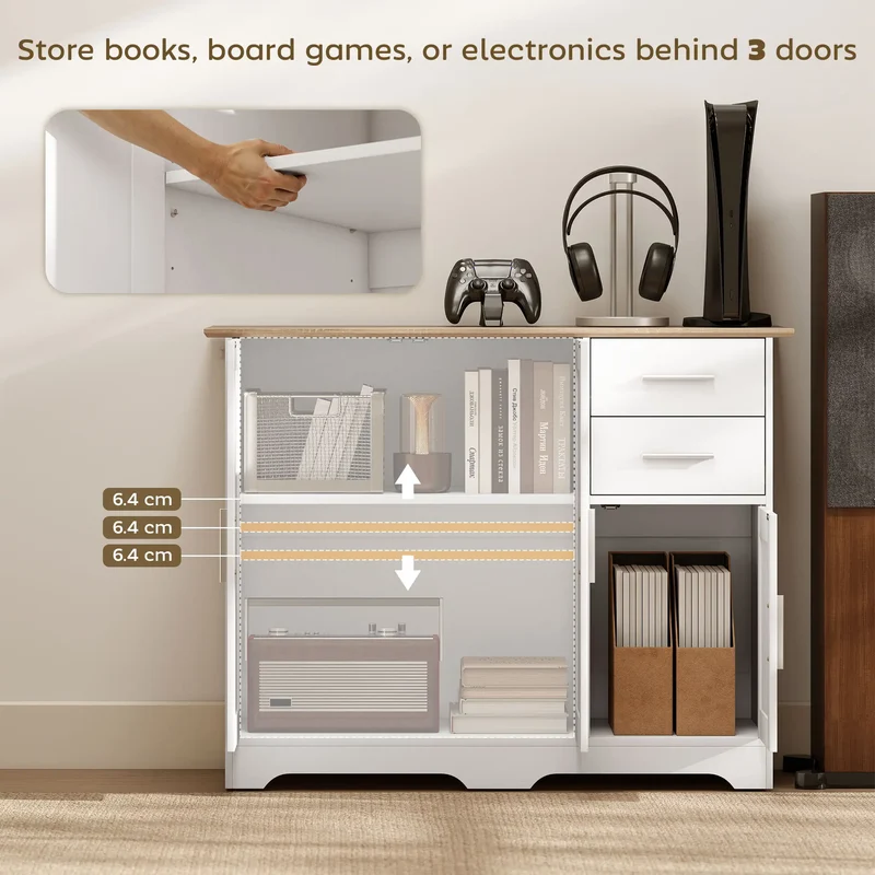 40" Sideboard Buffet Cabinet, Modern Kitchen Storage Cabinet with 2 Drawers, 3 Doors &; Adjustable Shelf, White