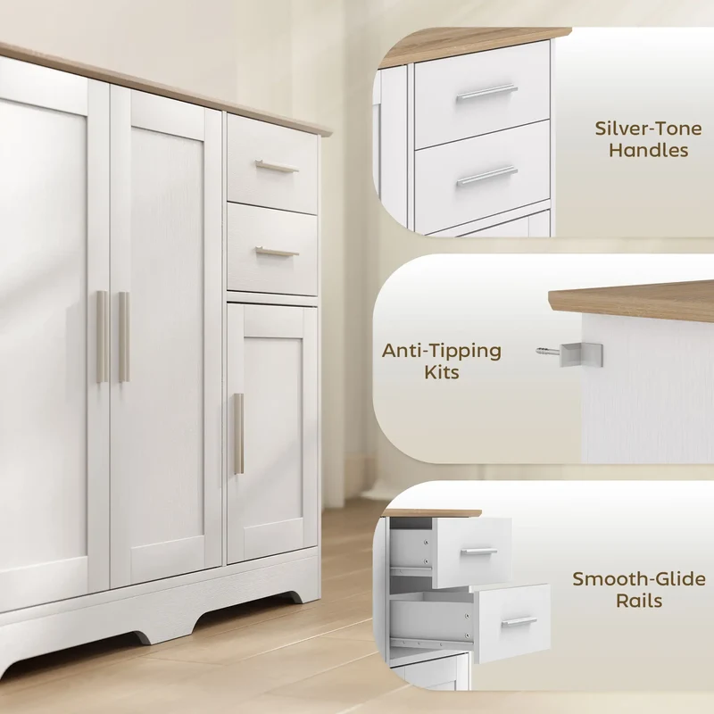 40" Sideboard Buffet Cabinet, Modern Kitchen Storage Cabinet with 2 Drawers, 3 Doors &; Adjustable Shelf, White