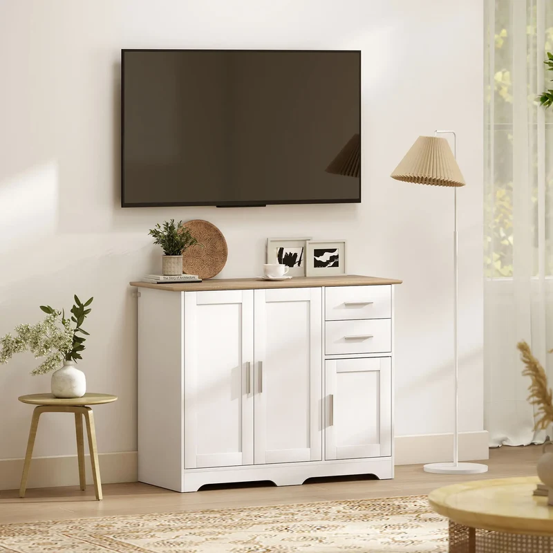 40" Sideboard Buffet Cabinet, Modern Kitchen Storage Cabinet with 2 Drawers, 3 Doors &; Adjustable Shelf, White