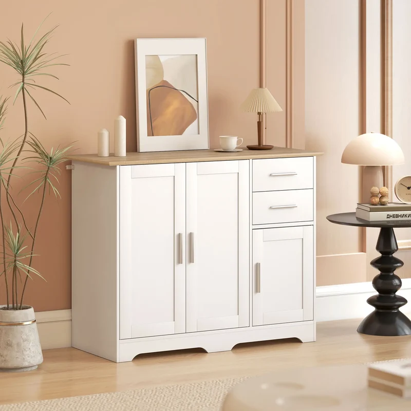 40" Sideboard Buffet Cabinet, Modern Kitchen Storage Cabinet with 2 Drawers, 3 Doors &; Adjustable Shelf, White