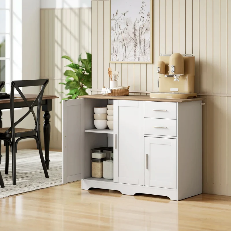 40" Sideboard Buffet Cabinet, Modern Kitchen Storage Cabinet with 2 Drawers, 3 Doors &; Adjustable Shelf, White