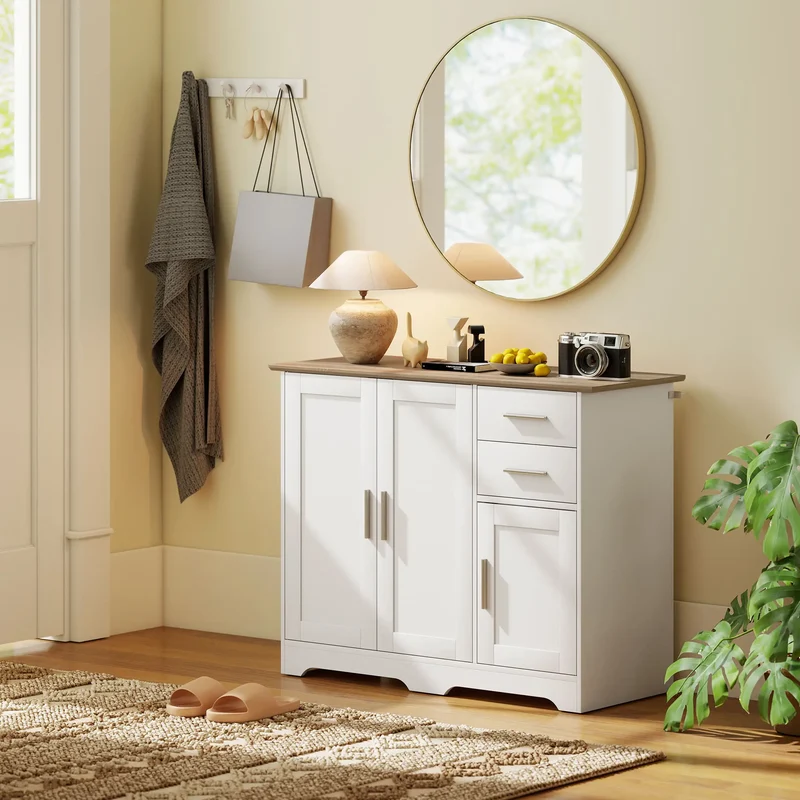 40" Sideboard Buffet Cabinet, Modern Kitchen Storage Cabinet with 2 Drawers, 3 Doors &; Adjustable Shelf, White