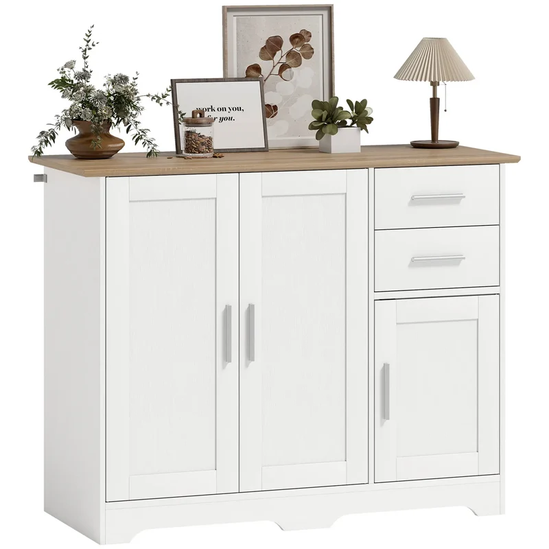 40" Sideboard Buffet Cabinet, Modern Kitchen Storage Cabinet with 2 Drawers, 3 Doors &; Adjustable Shelf, White