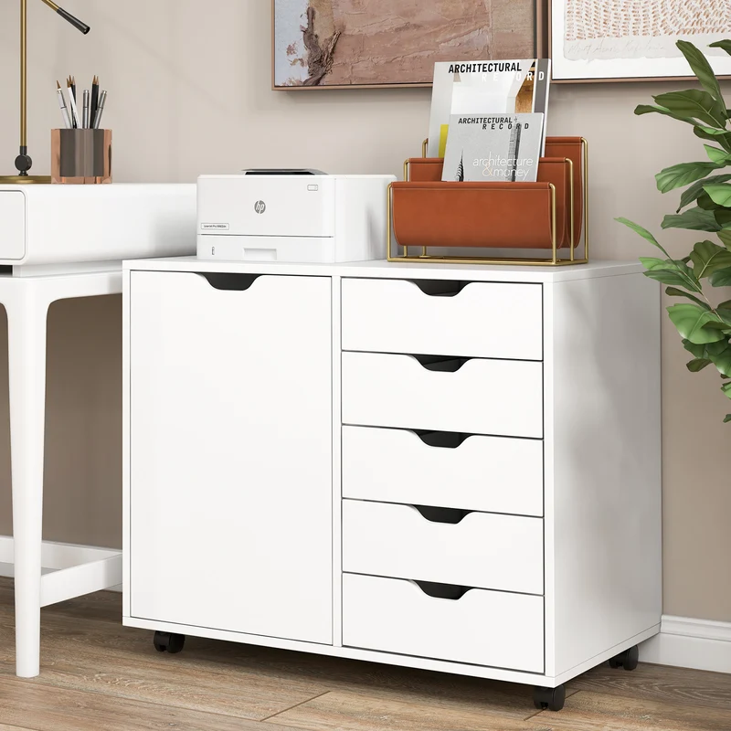 5-Drawer Dresser Chest, Mobile Storage Cabinet With Door, White