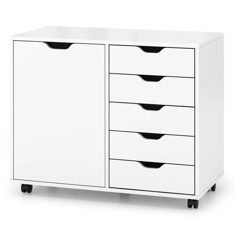 5-Drawer Dresser Chest, Mobile Storage Cabinet With Door, White