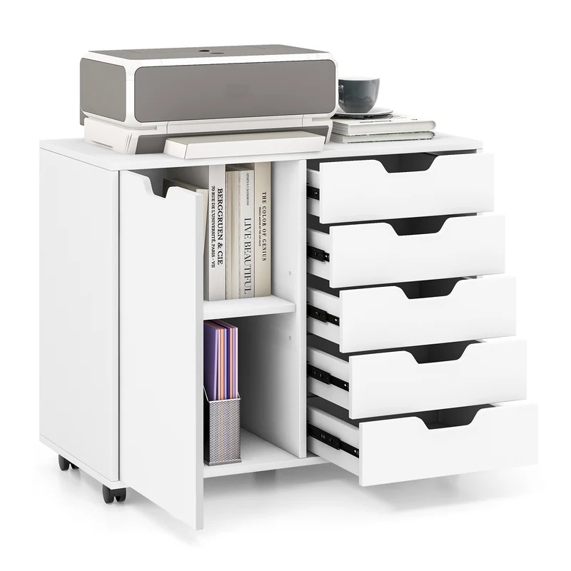 5-Drawer Dresser Chest, Mobile Storage Cabinet With Door, White