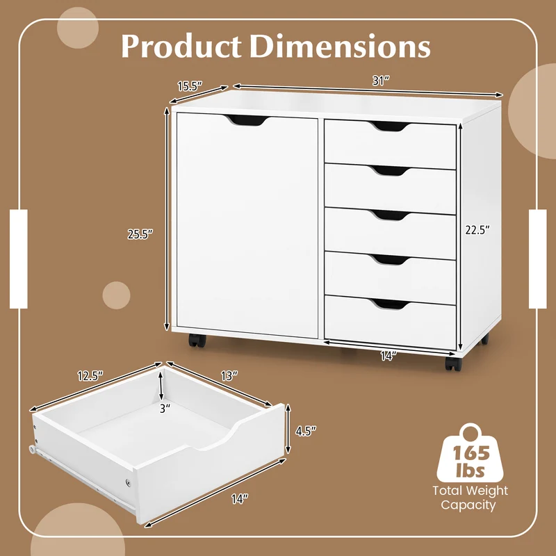 5-Drawer Dresser Chest, Mobile Storage Cabinet With Door, White