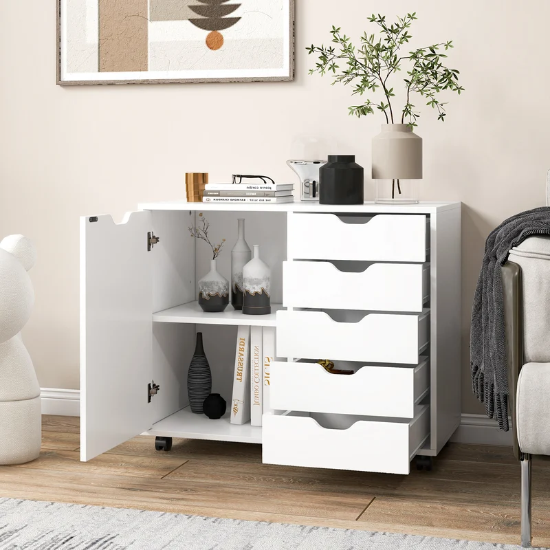5-Drawer Dresser Chest, Mobile Storage Cabinet With Door, White