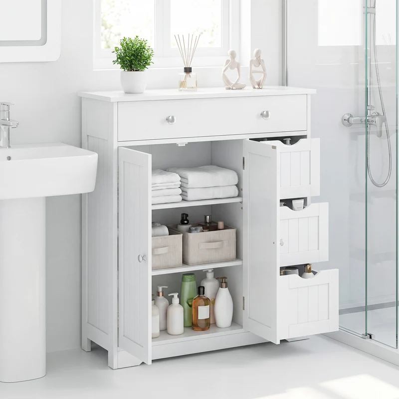 Bathroom Floor Cabinet with 4 Drawers with 2 Doors and Adjustable Shelf, White