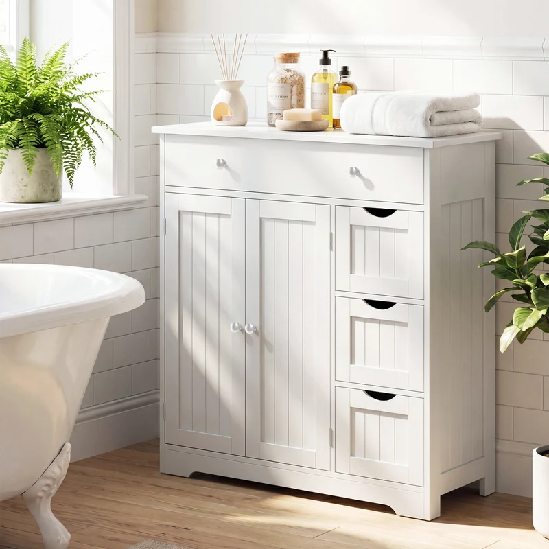 Bathroom Floor Cabinet with 4 Drawers with 2 Doors and Adjustable Shelf, White