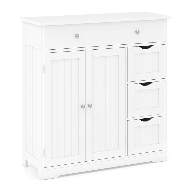 Bathroom Floor Cabinet with 4 Drawers with 2 Doors and Adjustable Shelf, White