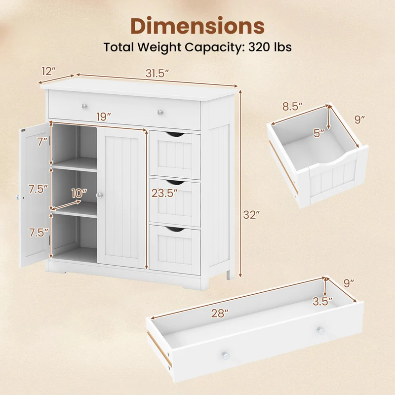 Bathroom Floor Cabinet with 4 Drawers with 2 Doors and Adjustable Shelf, White