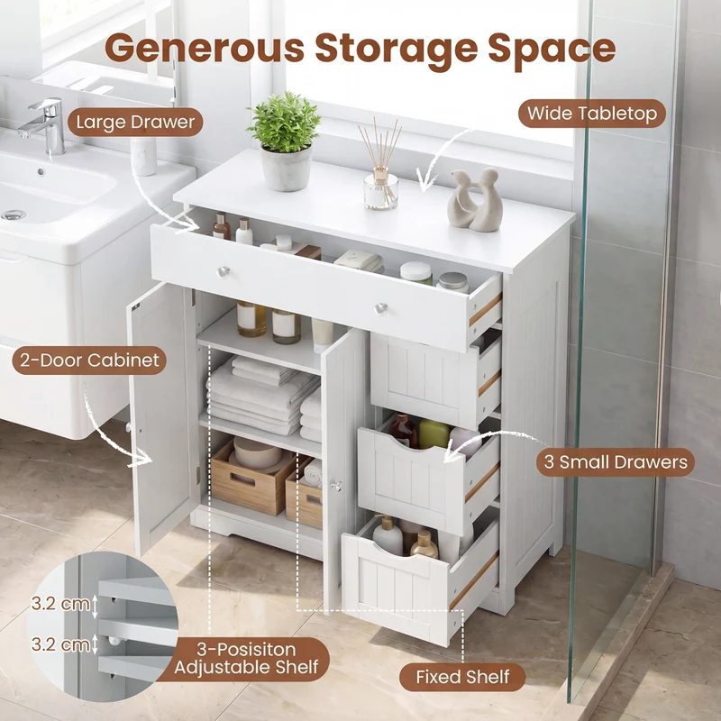 Bathroom Floor Cabinet with 4 Drawers with 2 Doors and Adjustable Shelf, White