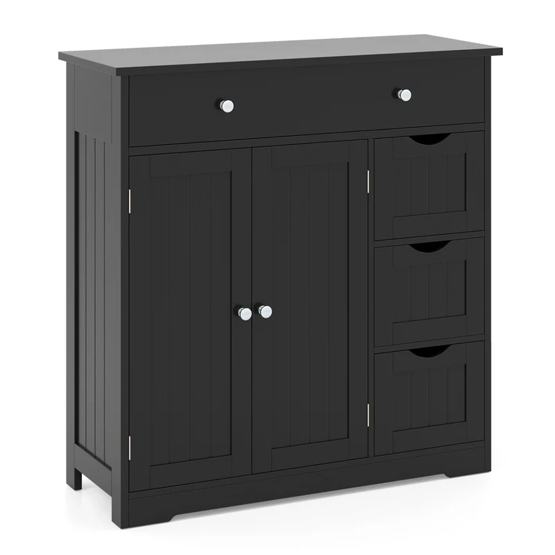 Bathroom Floor Cabinet with 4 Drawers with 2 Doors and Adjustable Shelf, Black