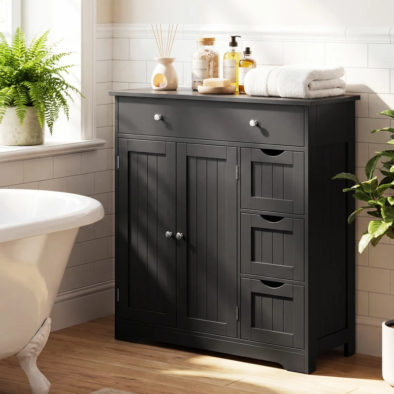 Bathroom Floor Cabinet with 4 Drawers with 2 Doors and Adjustable Shelf, Black