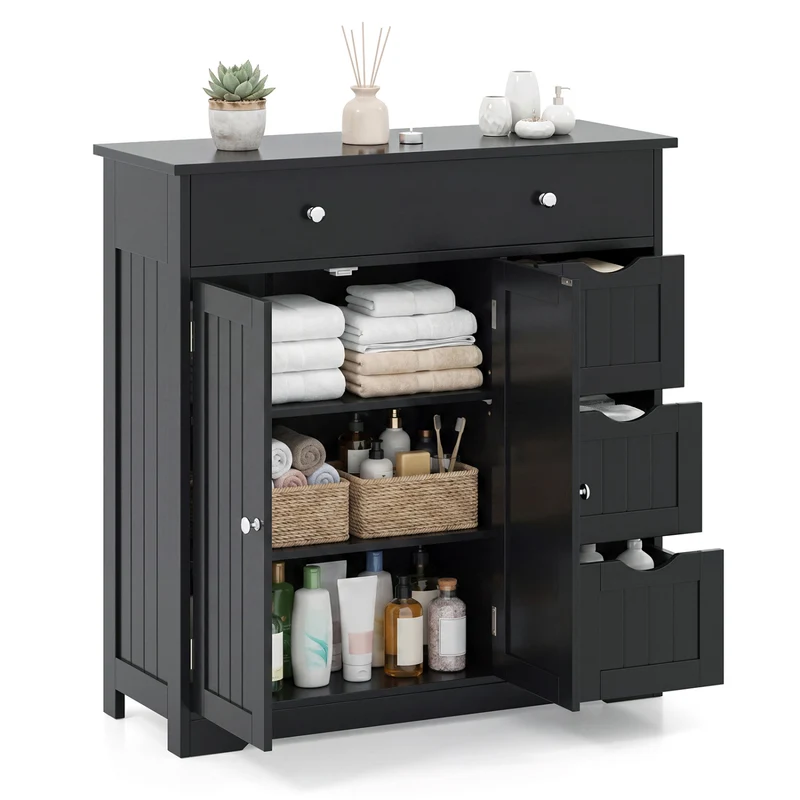 Bathroom Floor Cabinet with 4 Drawers with 2 Doors and Adjustable Shelf, Black