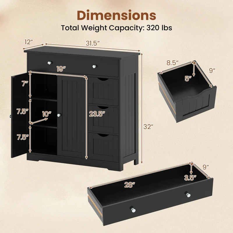 Bathroom Floor Cabinet with 4 Drawers with 2 Doors and Adjustable Shelf, Black