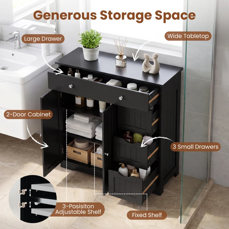 Bathroom Floor Cabinet with 4 Drawers with 2 Doors and Adjustable Shelf, Black