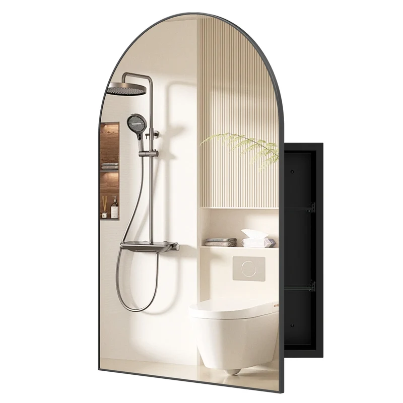 34" x 22" Brushed Metal Wall-Mounted Storage Cabinet with Arched Mirror and Adjustable Shelves, Black
