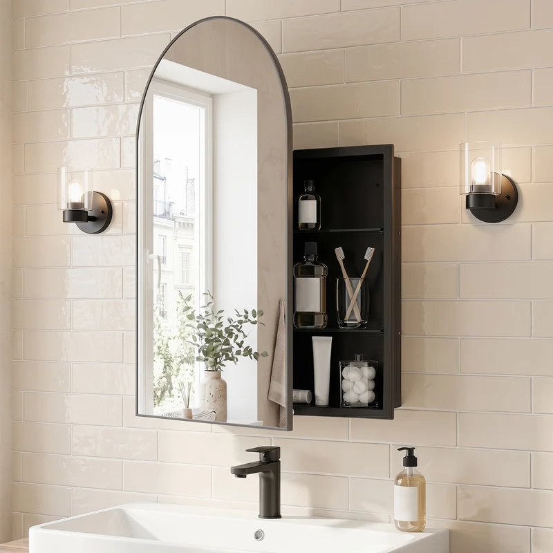 34" x 22" Brushed Metal Wall-Mounted Storage Cabinet with Arched Mirror and Adjustable Shelves, Black