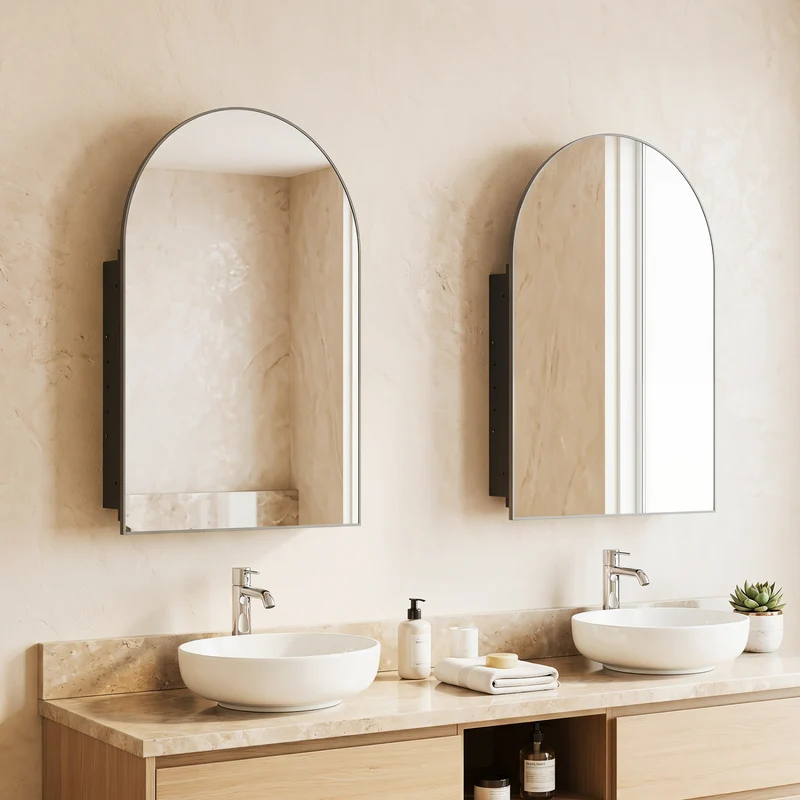 34" x 22" Brushed Metal Wall-Mounted Storage Cabinet with Arched Mirror and Adjustable Shelves, Black