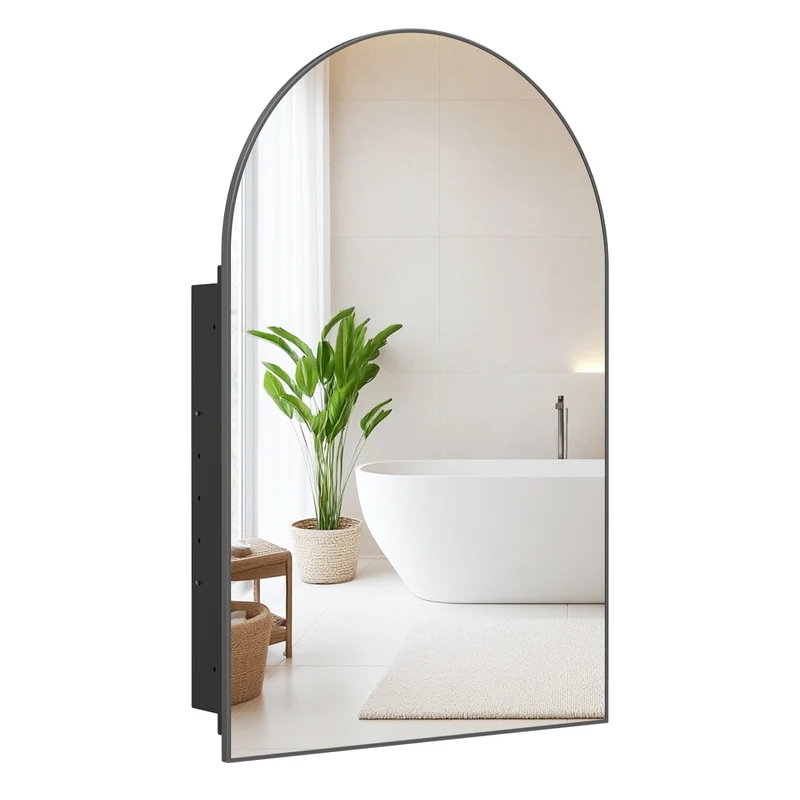 34" x 22" Brushed Metal Wall-Mounted Storage Cabinet with Arched Mirror and Adjustable Shelves, Black