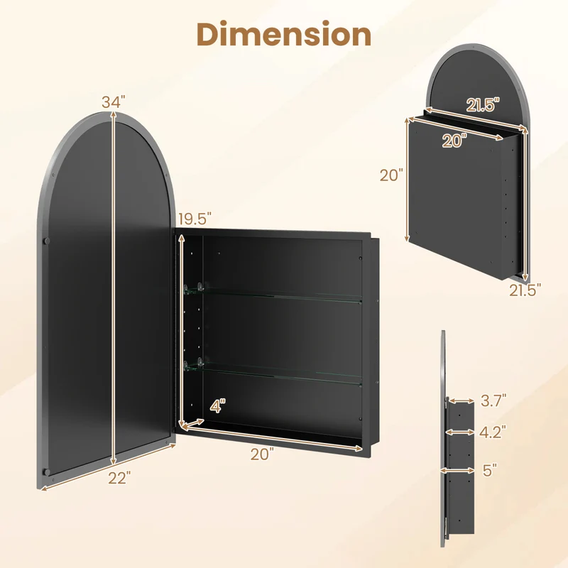34" x 22" Brushed Metal Wall-Mounted Storage Cabinet with Arched Mirror and Adjustable Shelves, Black