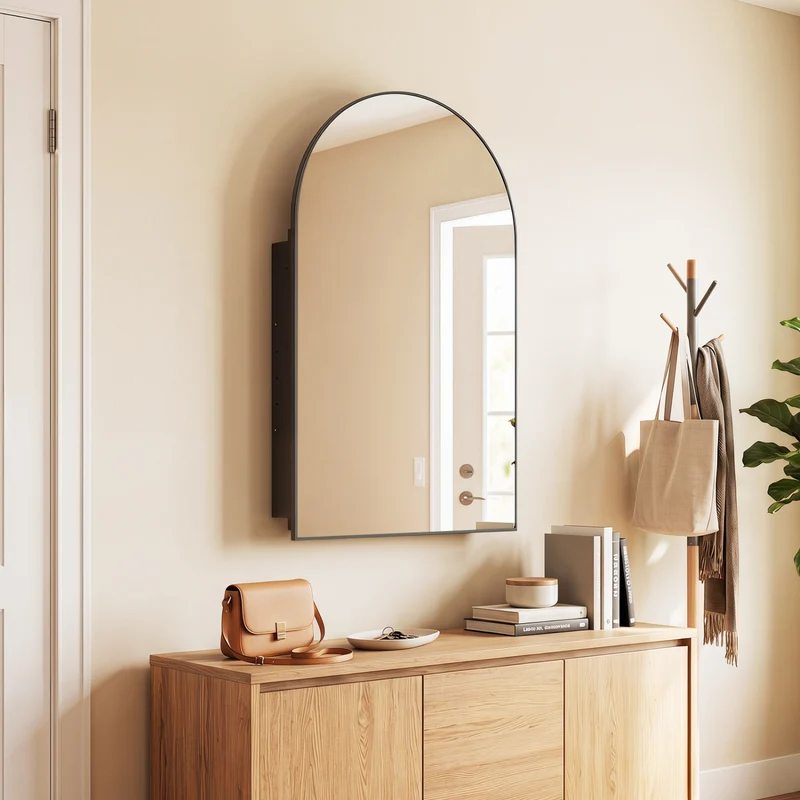 34" x 22" Brushed Metal Wall-Mounted Storage Cabinet with Arched Mirror and Adjustable Shelves, Black