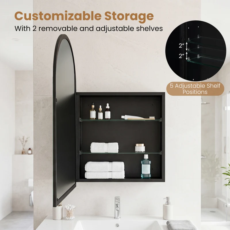 34" x 22" Brushed Metal Wall-Mounted Storage Cabinet with Arched Mirror and Adjustable Shelves, Black
