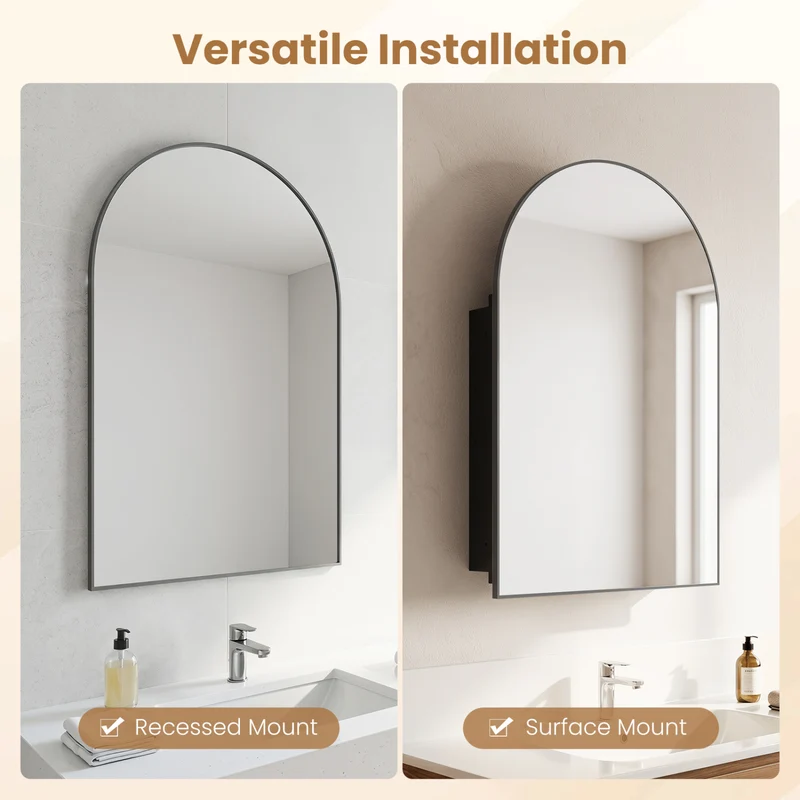 34" x 22" Brushed Metal Wall-Mounted Storage Cabinet with Arched Mirror and Adjustable Shelves, Black
