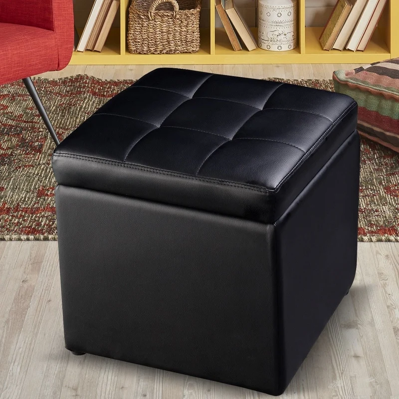 Foldable Cube Ottoman Pouffe Storage Seat, Black
