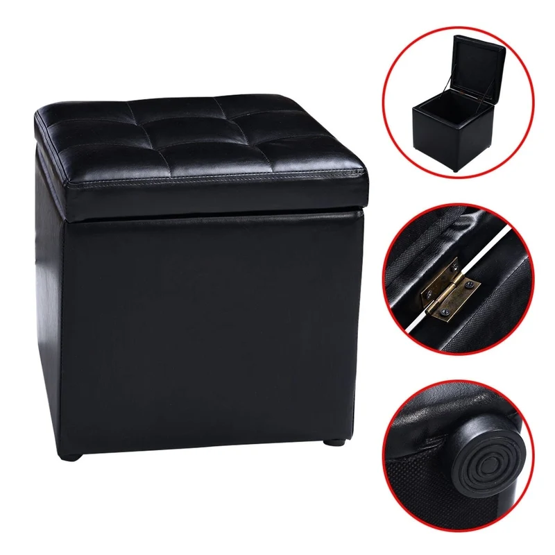 Foldable Cube Ottoman Pouffe Storage Seat, Black