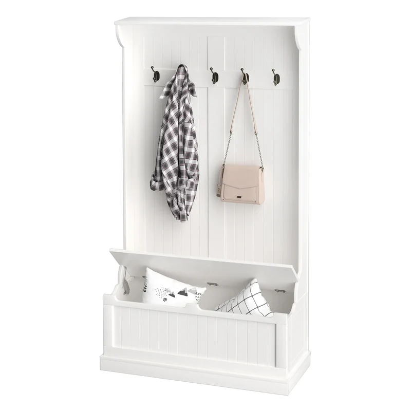 3-In-1 Hall Tree, Coat Rack, Shoe Storage, Bench Seat, White