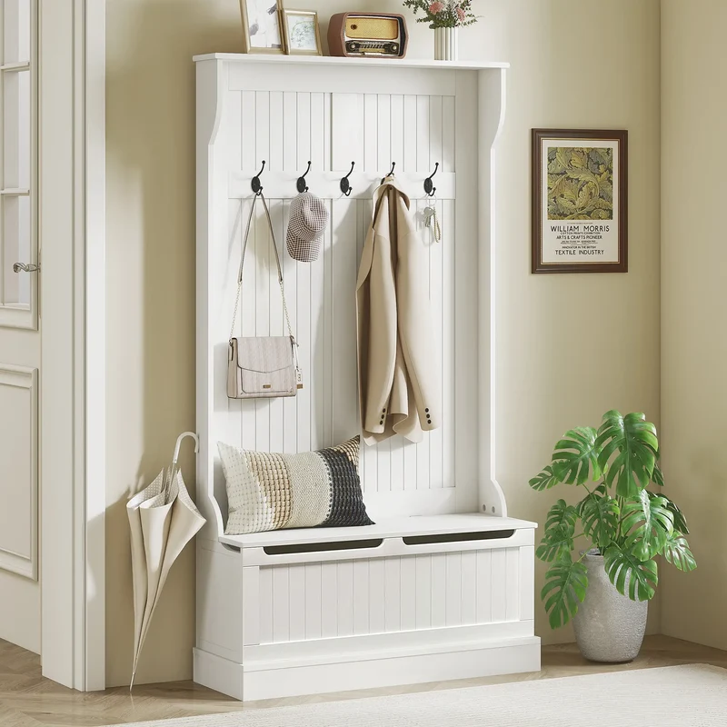 3-In-1 Hall Tree, Coat Rack, Shoe Storage, Bench Seat, White