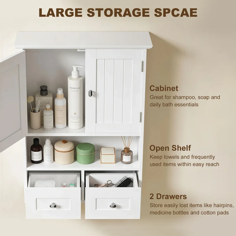 Bathroom Wall Cabinet, Medicine Cabinet, Over Toilet Storage, White