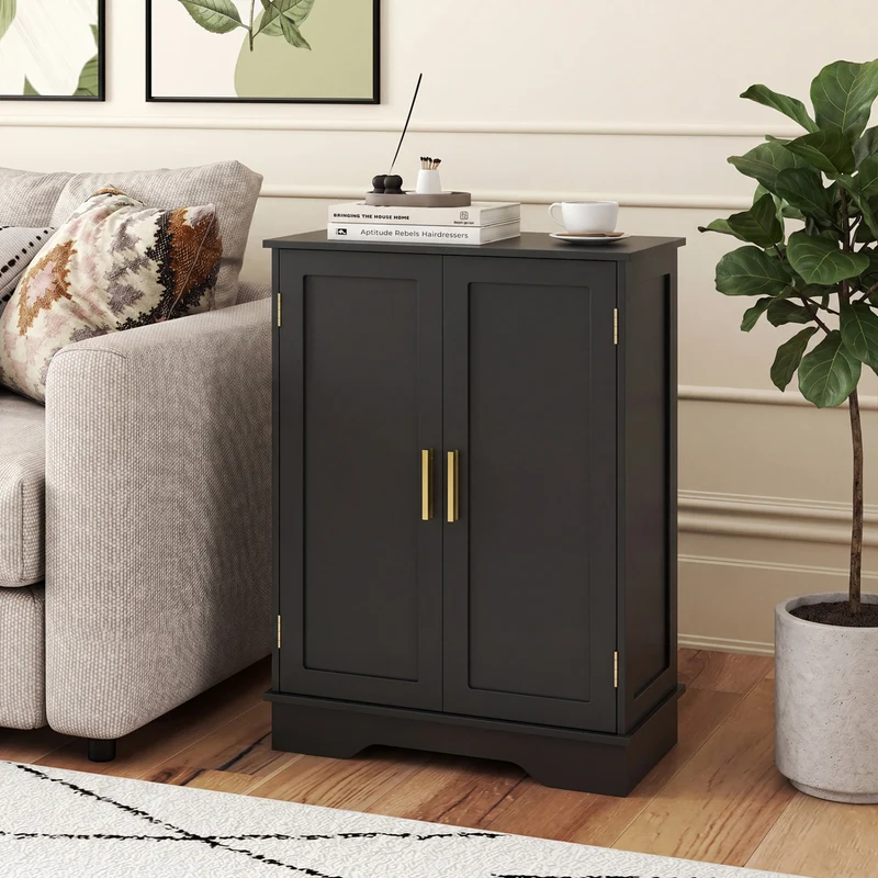 Bathroom Floor Storage Cabinet, 2 Doors, Adjustable Shelves, Black