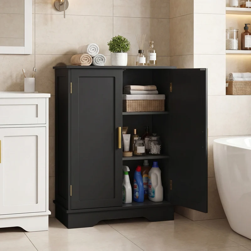 Bathroom Floor Storage Cabinet, 2 Doors, Adjustable Shelves, Black